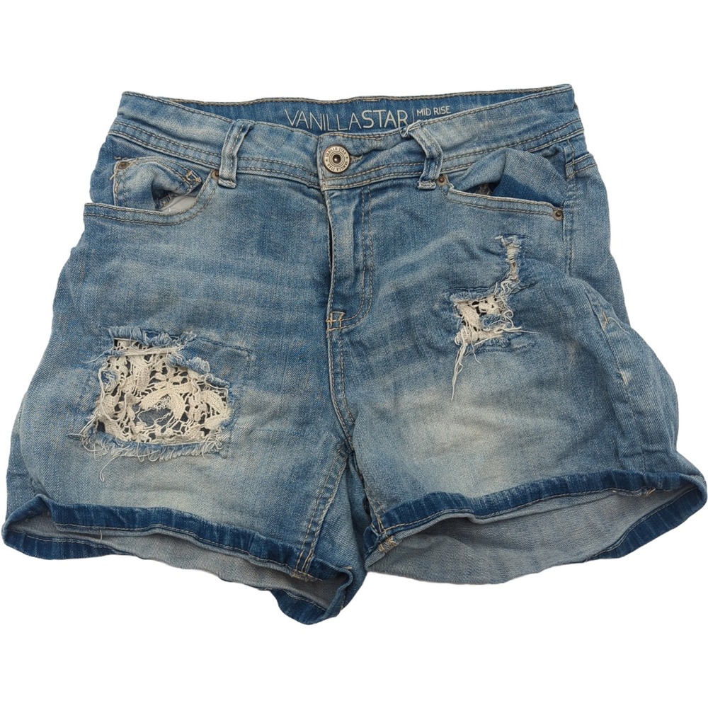 Vanilla Star Mid Rise Shortie Blue Denim Distressed Lace Crochet Shorts Size 5
